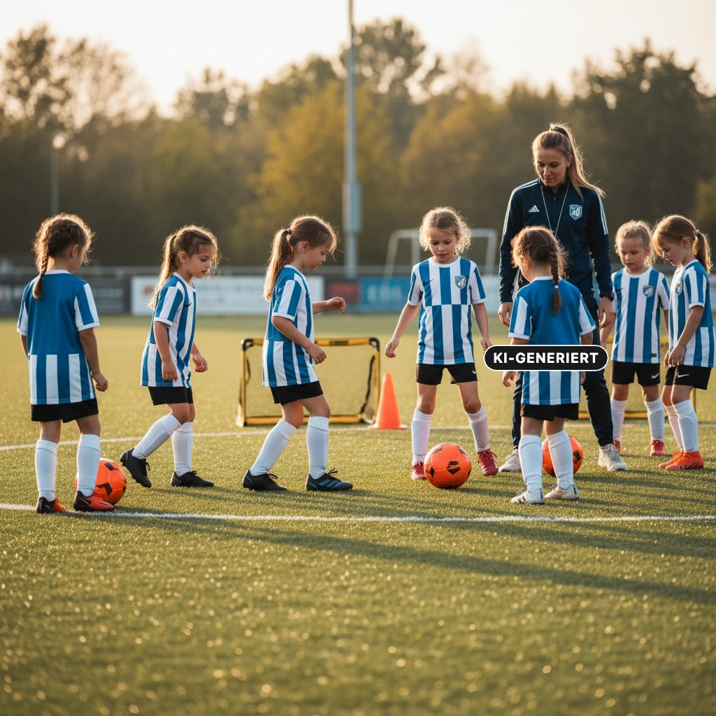 KI-generiert: Eine Trainerin und eine Gruppe von Mädchen im gleichen Trikot stehen auf einem Fußballplatz und üben mit Bällen.