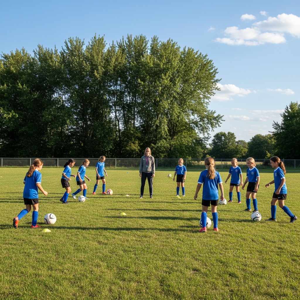 Eine weibliche Trainerin steht auf einem grünen Fußballfeld im Freien und leitet eine Gruppe von Mädchen im blauen Trikot beim Fußballtraining an.